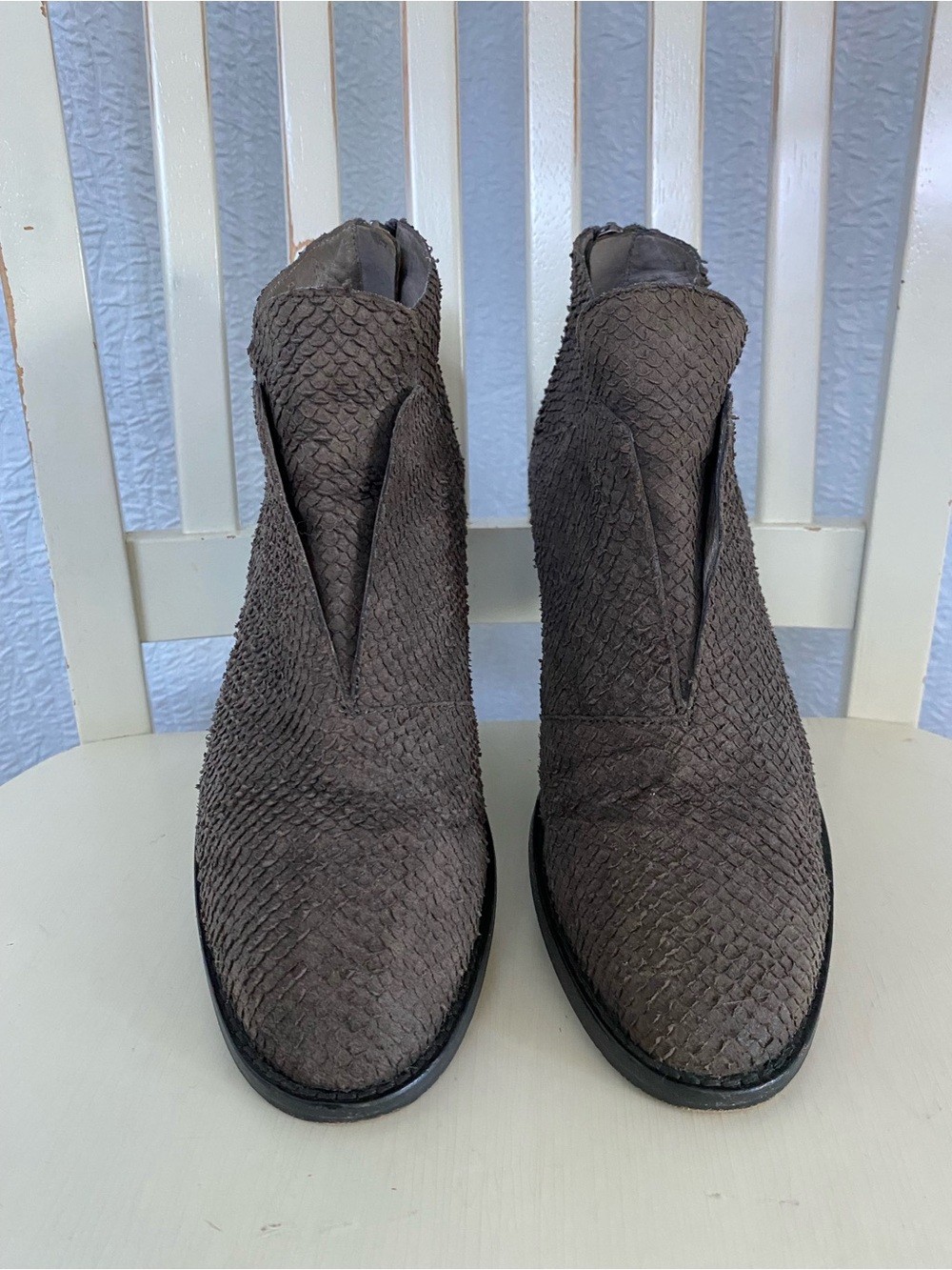 Eileen Fisher Tuck2-Lt Graphite Embossed Leather Textured Ankle Booties